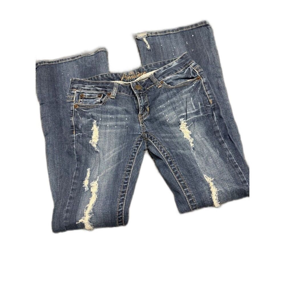 Premise Women's Blue Distressed Boot-Cut Jeans with Paint Speckles